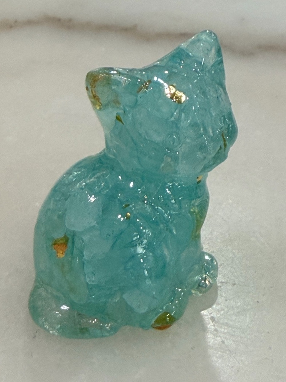 Handmade Resin Cat Figurine Blue Gold Crystal Mini Statue Spiritual Decor Gift